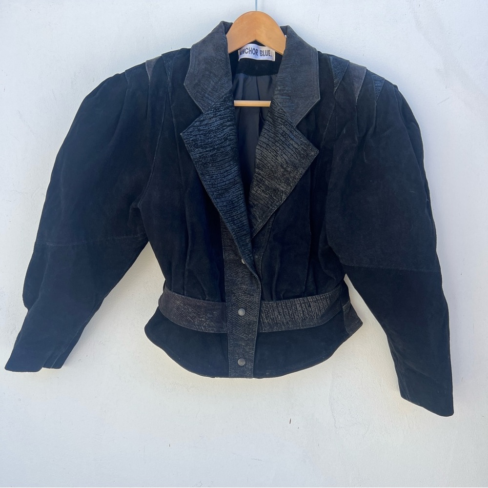 80s Patterned Black Layered Shoulder Leather Jack… - image 1